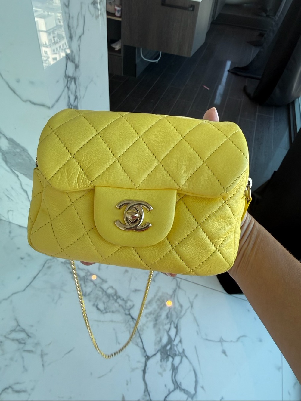 CHANEL Yellow Quilted Leather Mini Crossbody with Gold CC